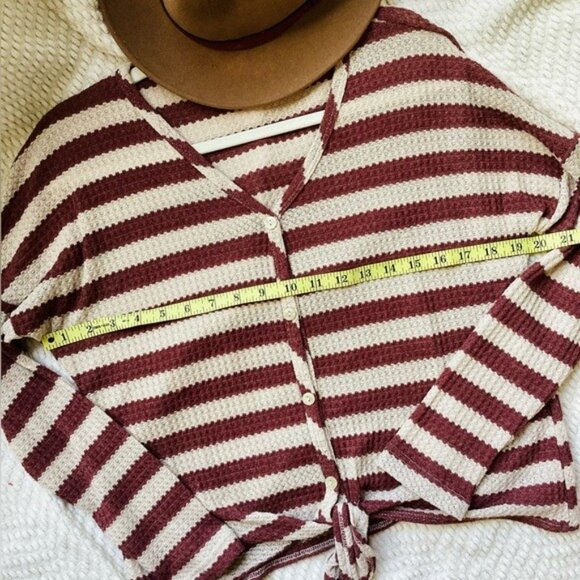 Altard State Waffle Knit Long Sleeve Tie Front Top Brown & Tan Stripes Size S - Picture 6 of 7